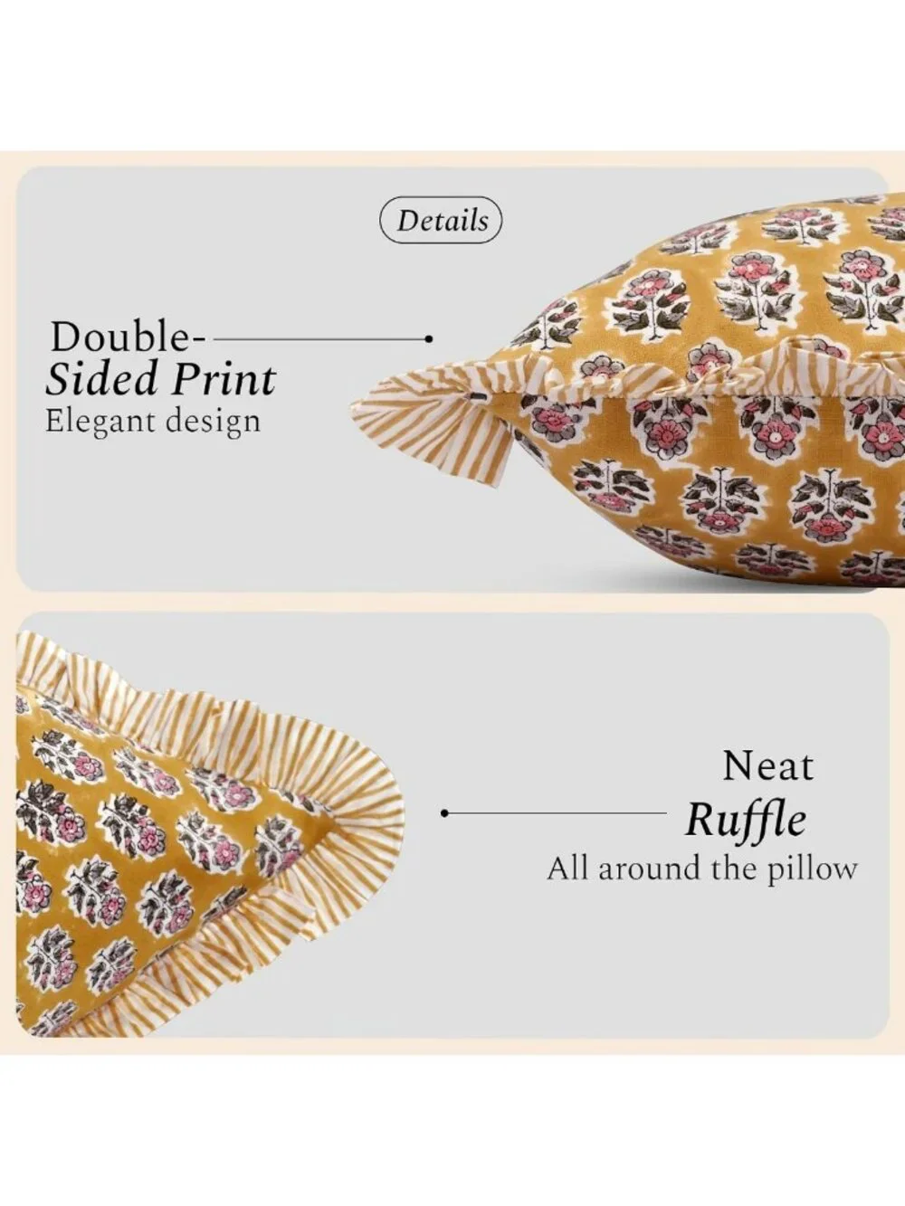 Yellow Citrine Block Print Ruffle Pillow Covers, 24x24 Inch, Set of 2